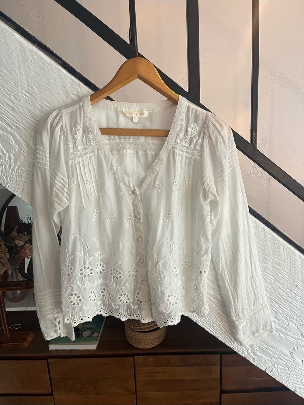 LoveShackFancy white floral embroidered eyelet V-Neck button up blouse